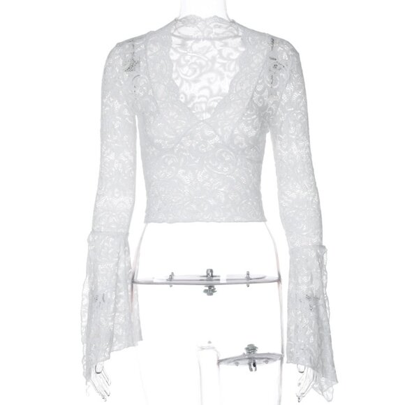 ✨ NEW White Y2K Sheer Lace Bell Sleeve Top - Picture 6 of 10